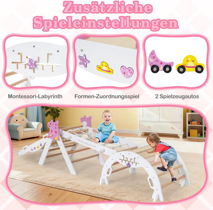 FANTASK 7 in 1 Klettergerüst Indoor, Kletterdreieck 4er Set mit Rutsche, Kletterbogen, Netz, inkl. d