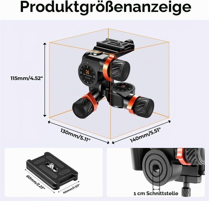 K&amp;F Concept 3-Wege-Neiger, Geared Tripod Head, CNC Process Aluminum Alloy Getriebeneiger für Kameras