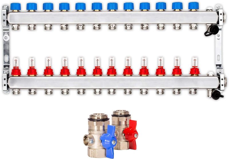 Selfio Heizkreisverteiler PREMIUM mit Durchflussmesser und Kugelhahn-Set (12 Heizkreise), 12 Heizkre