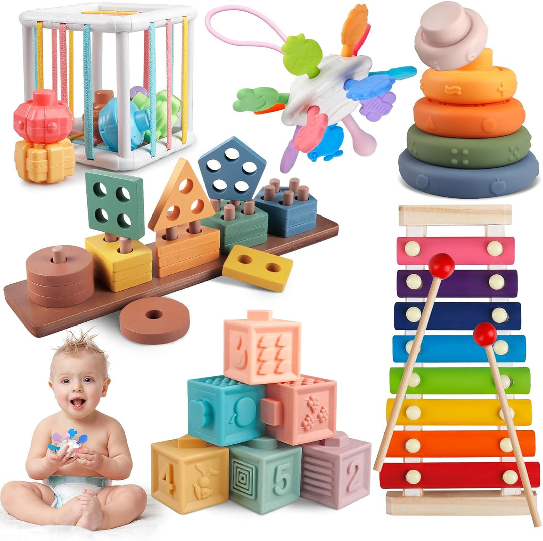 Aliex Baby Spielzeug, 6 in 1 Montessori Spielzeug | Motorikspielzeug | Xylophon | Stapelturm | Holzs