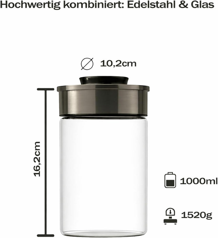 BURI Vorratsglas Vakuumglas 3er Set 1000ml | Vorratsdosen Glas mit Edelstahl Deckel & Vakuum Klick-M