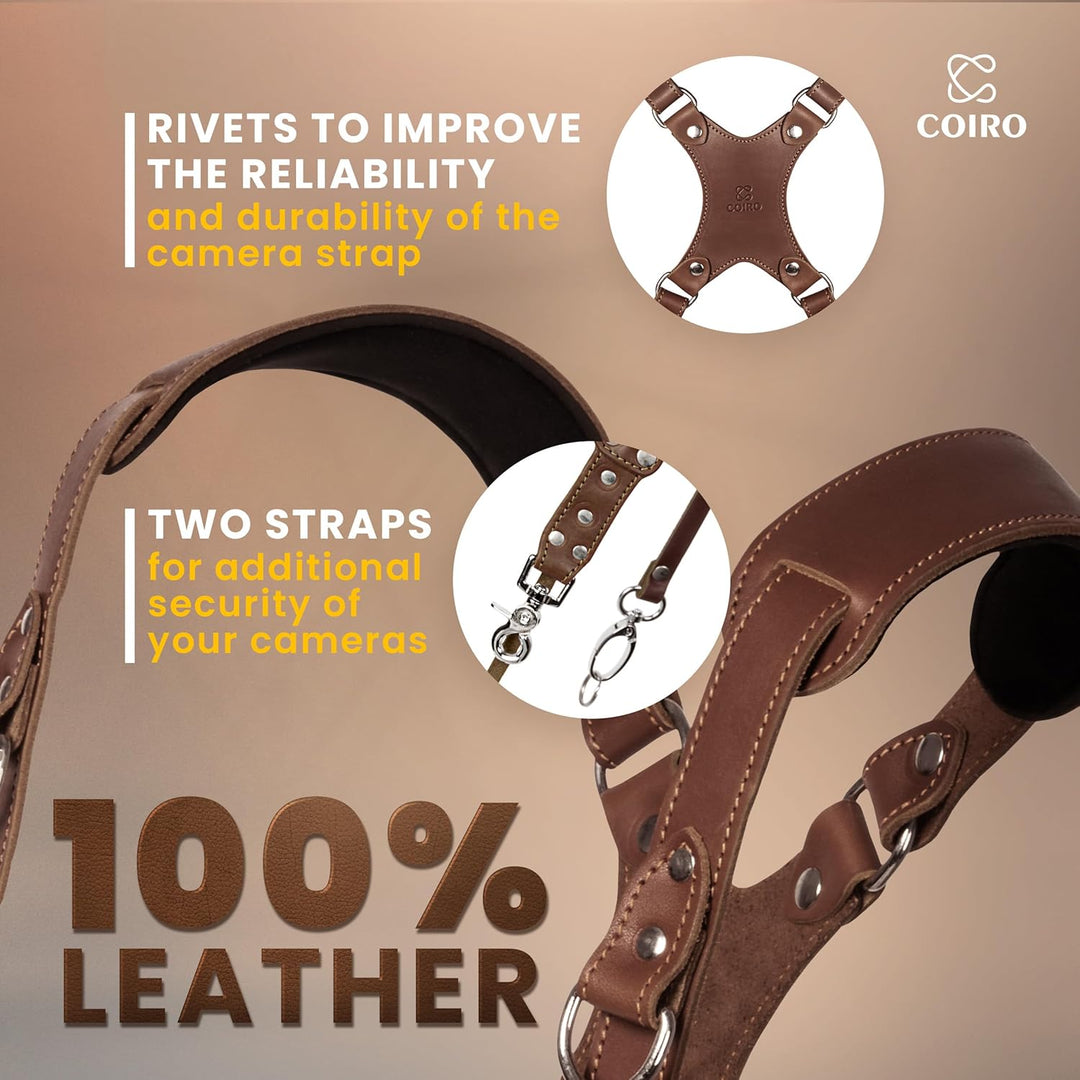 C Coiro Kamera-Zubehör Slim Dual Harness Zwei Kameras - Schulterriemen aus Leder, Braun, Einstellbar
