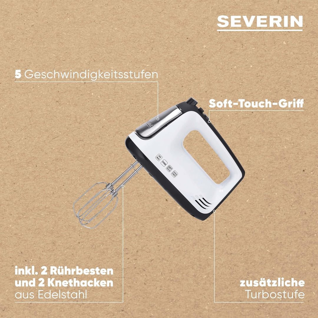 SEVERIN Handmixer, Handrührgerät mit 5 Geschwindigkeitsstufen, praktischer Handrührer mit 2 Edelstah