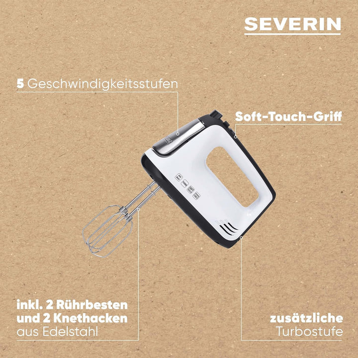 SEVERIN Handmixer, Handrührgerät mit 5 Geschwindigkeitsstufen, praktischer Handrührer mit 2 Edelstah