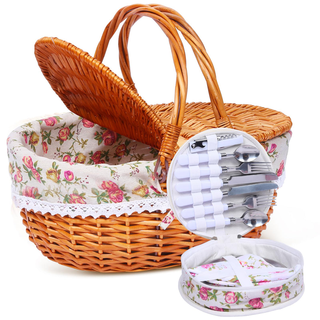 Picknickkorb-Set aus Weide für 4 Personen mit Deckel und Griff. Picknickkorb mit waschbarem Futter u