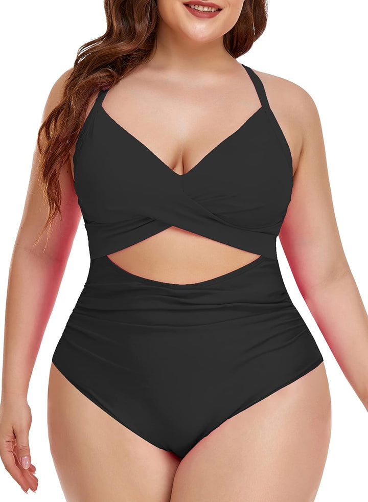 Eomenie Damen-Badeanzug, Einteiler, Bauchkontrolle, hohe Taille, Ausschnitt, Wickelband im Rücken, 1