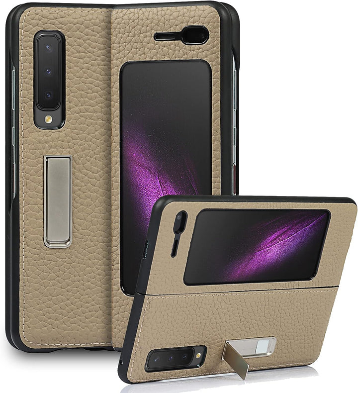 Handyhülle für Samsung Galaxy Fold, Ultradünn Luxus Litchi Korn Echtes Leder Hüllen mit Standfunktio