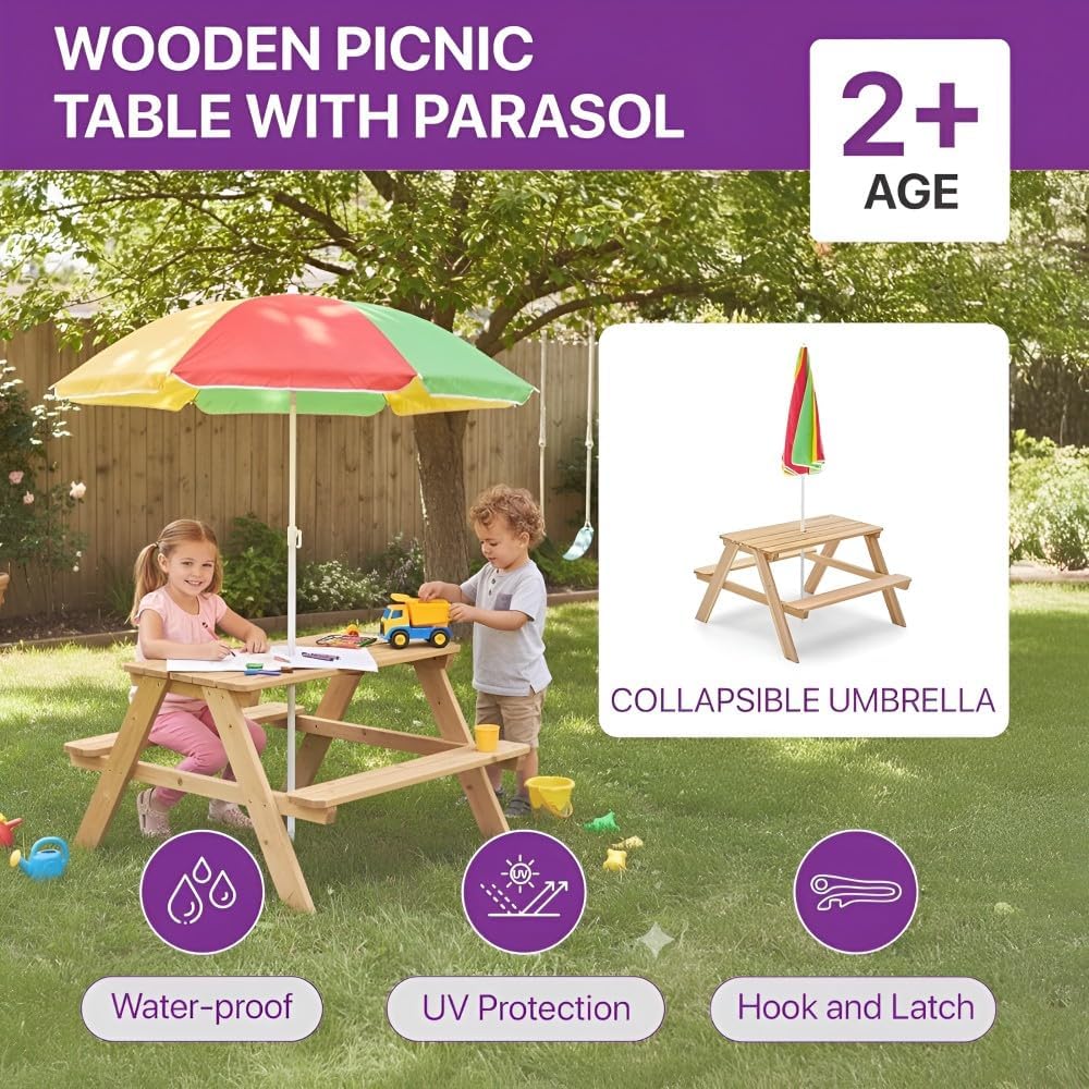 Plum Picknicktisch aus Holz mit Sonnenschirm - Natur