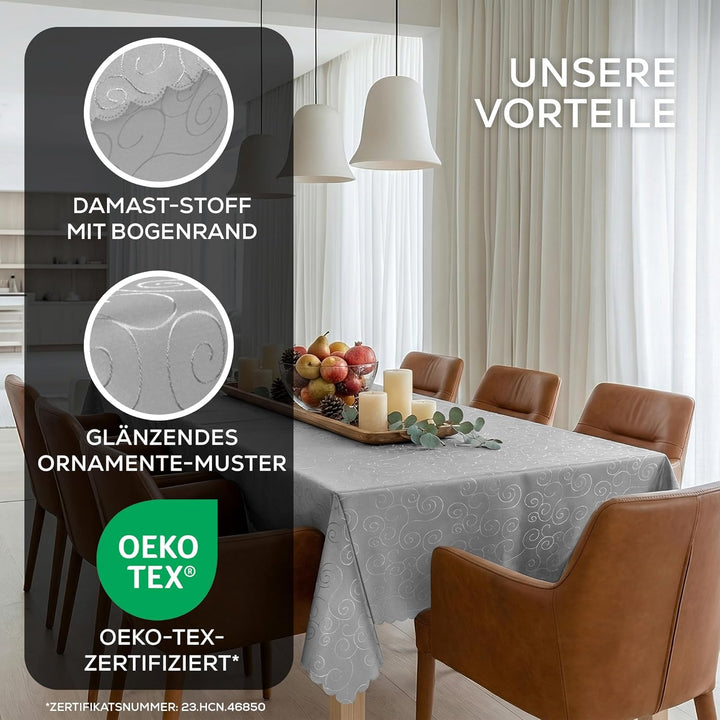 BEAUTEX Tischdecke Damast Ornamente - Bügelfreies Tischtuch - Fleckabweisende, Pflegeleichte Tischwä