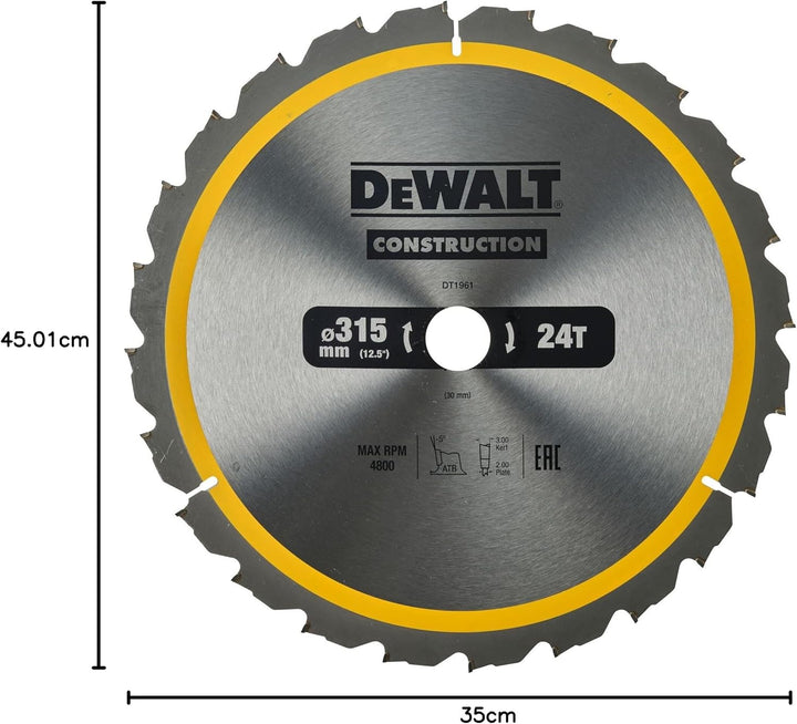 DeWalt Bau-Kreissägeblatt für Stationärsägen/Kreissägenblatt (315/30 mm 24WZ, für schnelle Schnitte)