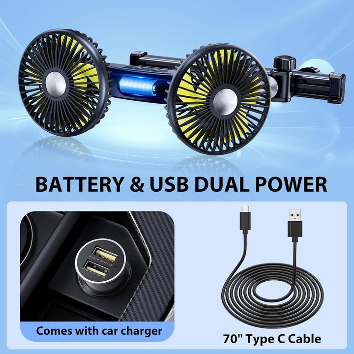 Akku-Ventilator für Auto-Rücksitz mit einziehbarem langem Arm, [Geschenk-Kfz-Ladegerät & USB-C-Kabel