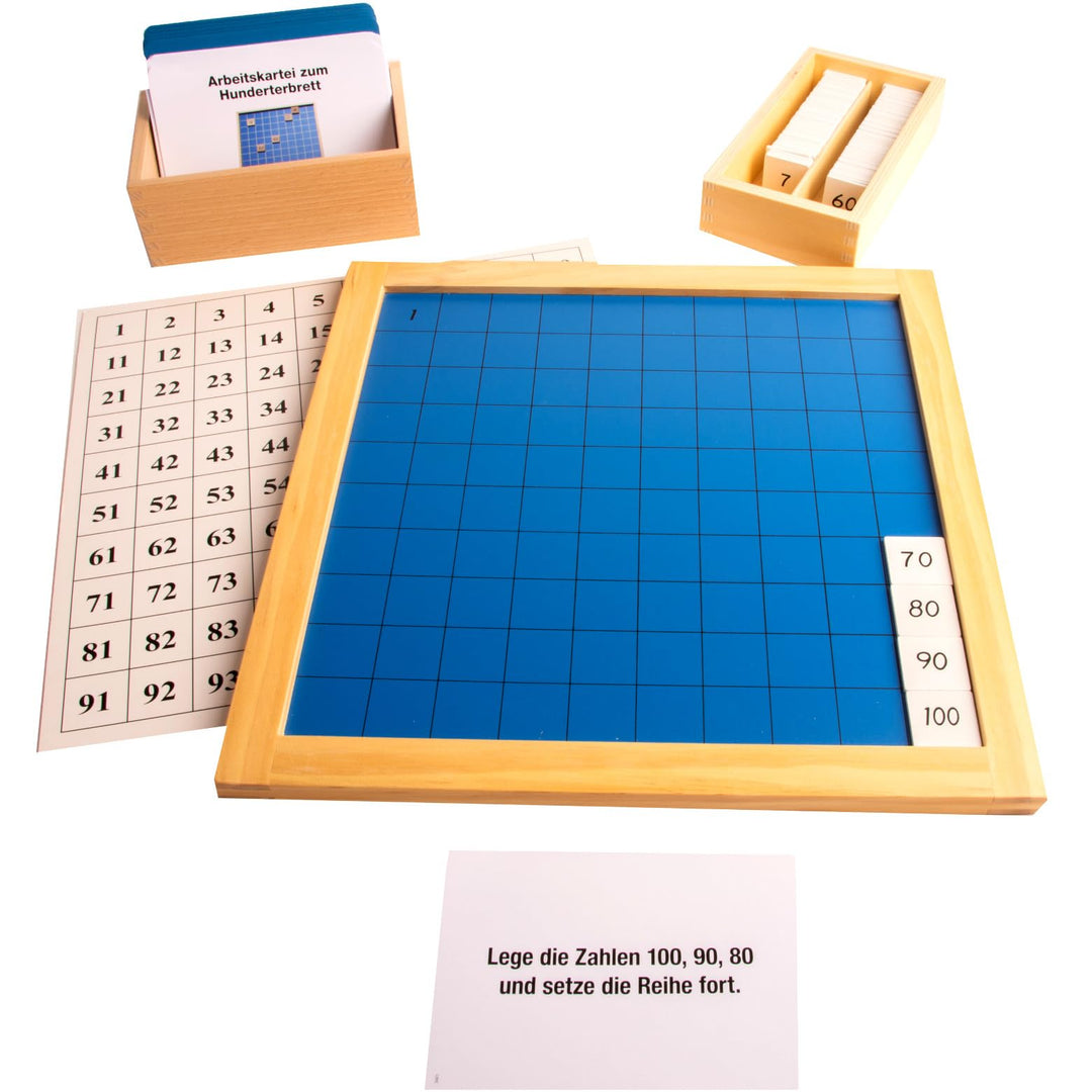 Hunderterbrett mit Arbeitskartei, 100 Auftragskarten - Montessori-Material Hundertertafel zum Zahlen