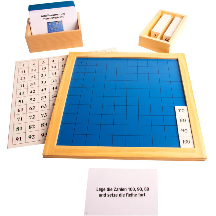Hunderterbrett mit Arbeitskartei, 100 Auftragskarten - Montessori-Material Hundertertafel zum Zahlen