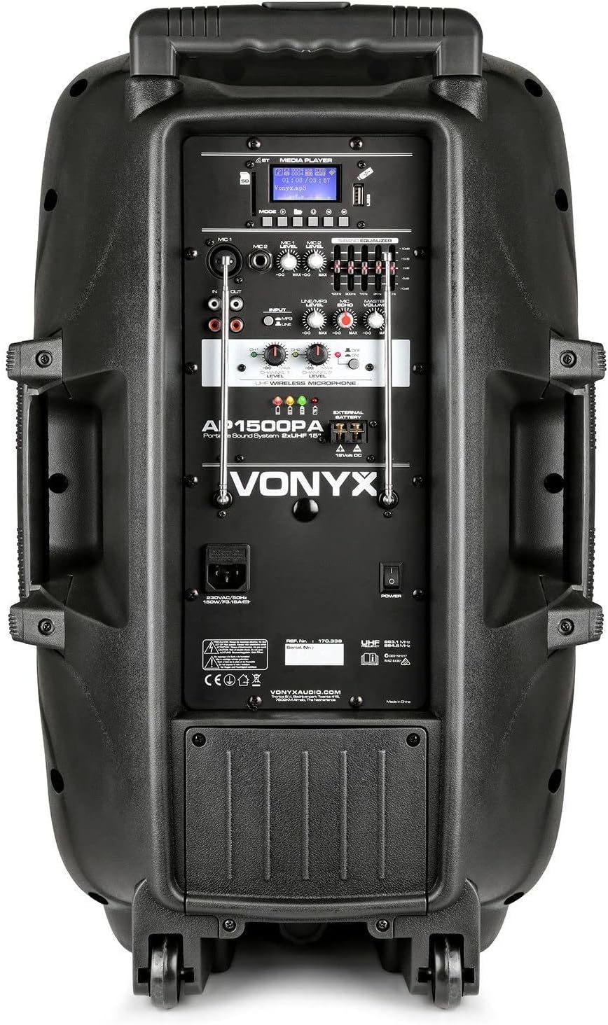 Vonyx AP1500PA - Mobile PA Anlage, Partybox Bluetooth mit Akku, 800 Watt Party Lautsprecher mit Mikr
