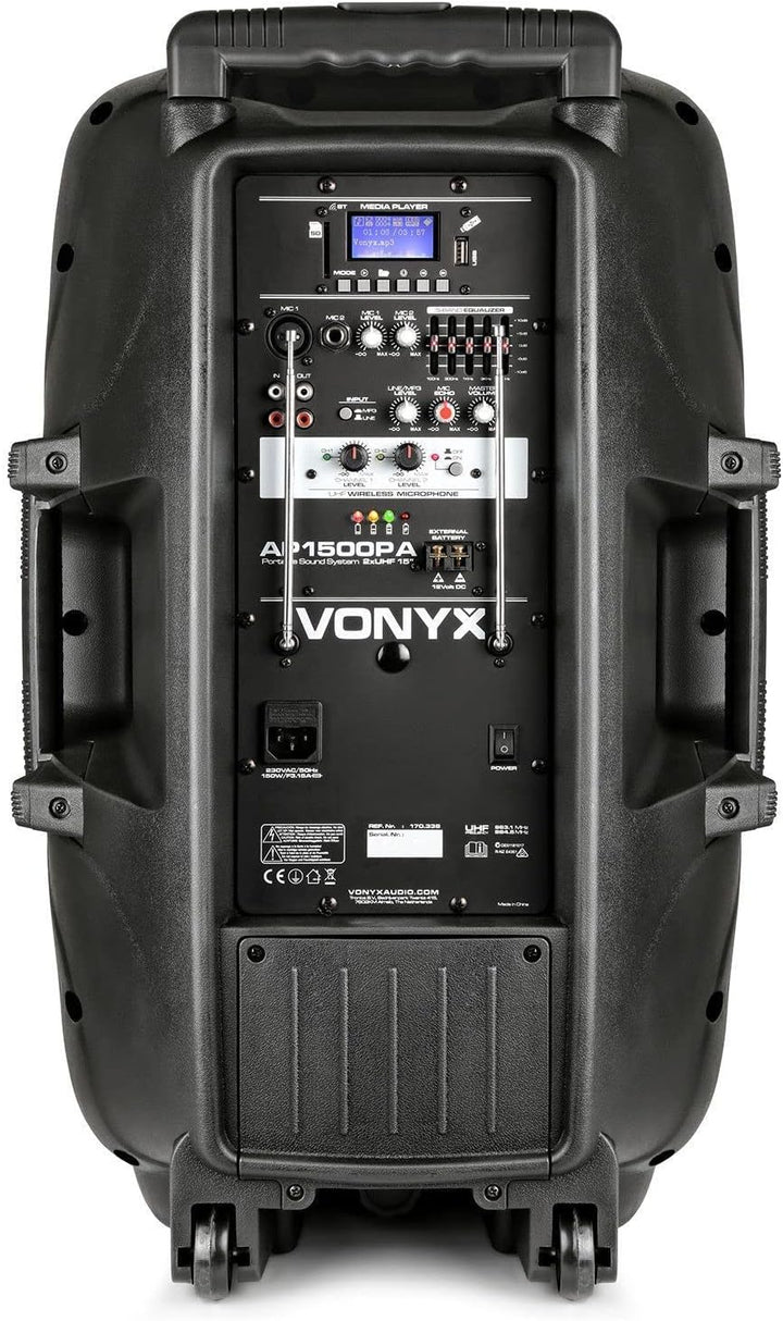 Vonyx AP1500PA - Mobile PA Anlage, Partybox Bluetooth mit Akku, 800 Watt Party Lautsprecher mit Mikr