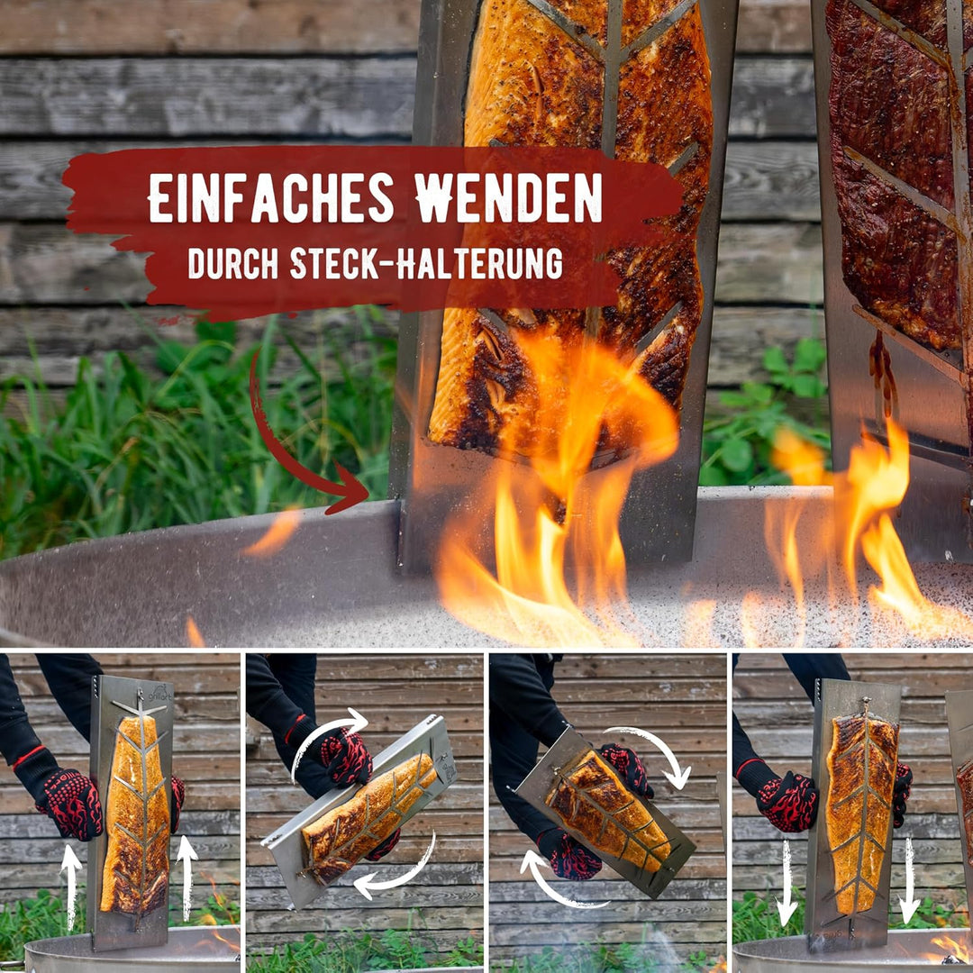 grillart® XXL Premium Flammlachsbrett aus Edelstahl – 180° drehbar &amp; 5-fach verstellbar – Lachsbrett
