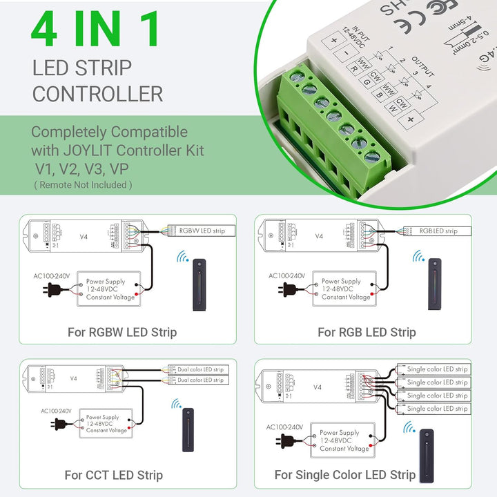 JOYLIT LED Streifen Controller 12-48V 4 Polig 5A/CH 4 in 1, 2.4G PWM Dimmbarer Farbwechsel RGB RGBW