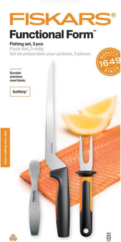 Fiskars Fischbearbeitungs-Set, Functional Form, Inklusive Filetiermesser, Fischspiess und Fischgräte