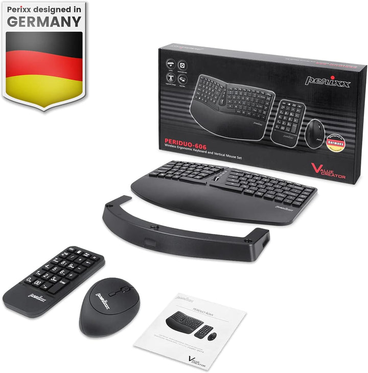 Perixx PERIDUO-606A, 3-in-1 Wireless Compact Ergonomic Keyboard mit vertikaler Maus und numerischem
