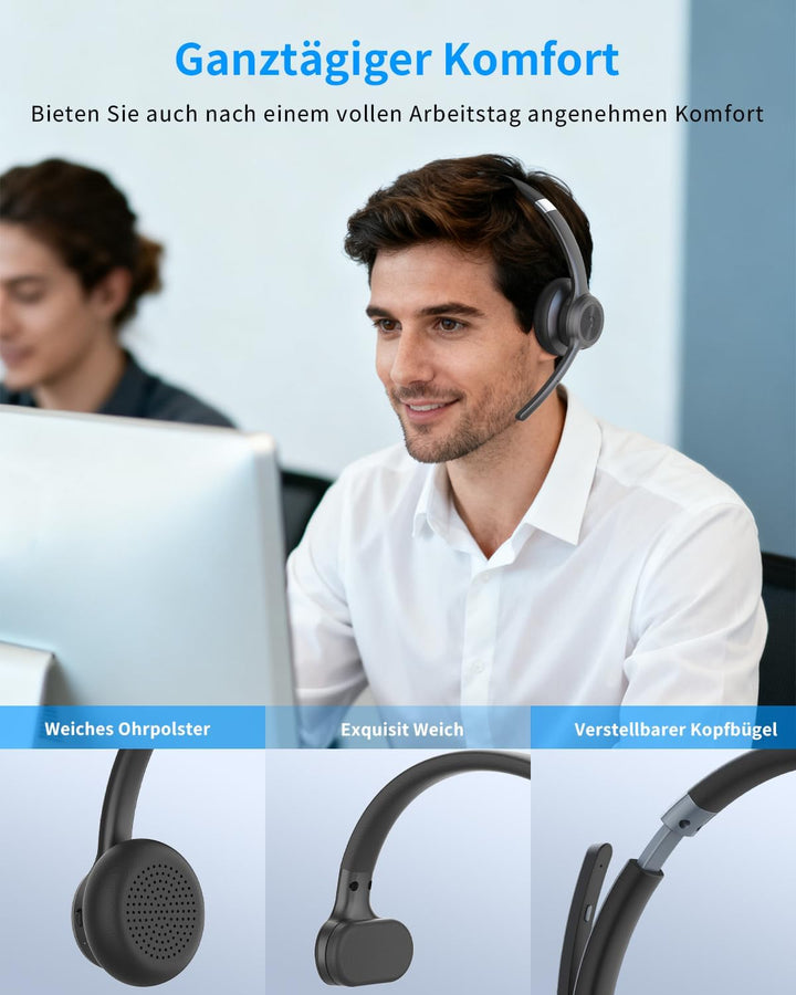 MONODEAL Bluetooth Headset mit Mikrofon, Wireless Kopfhörer mit Stummschalttaste, Geräuschunterdrück