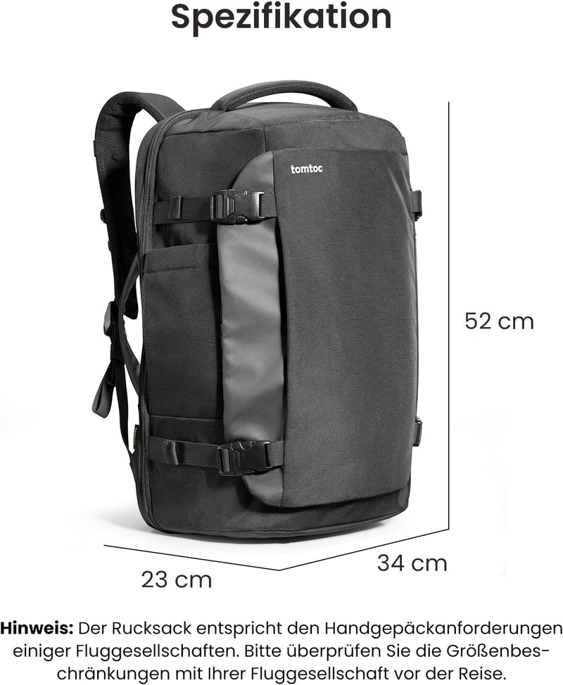 tomtoc 40L Reiserucksack, TSA Freundlich Handgepäck Rucksack, Flug Genehmigt Bordgepäck Gross Travel