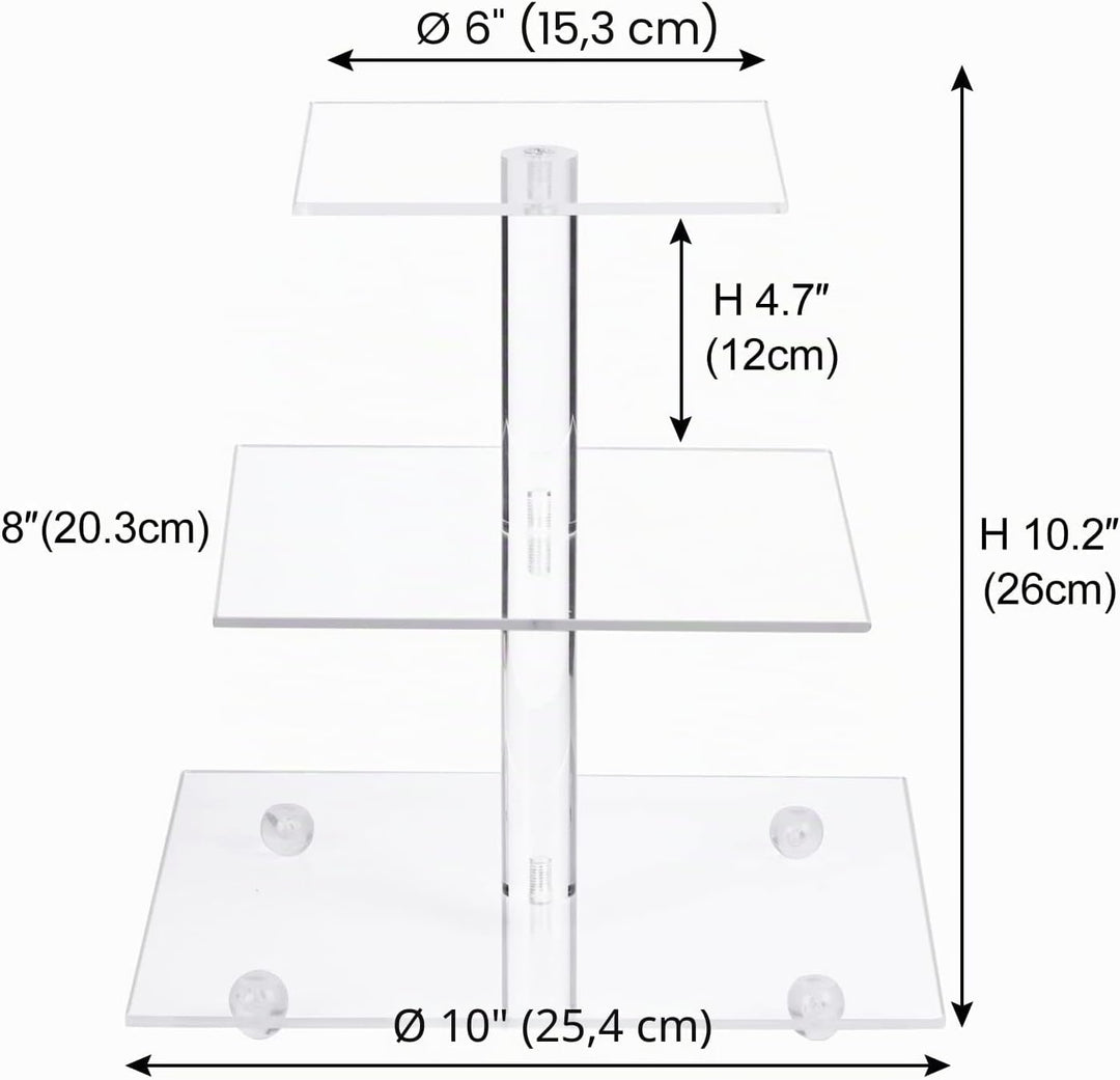Boxalls Tortenständer mit 3 Ebenen, Gross Quadrat Cupcake-Ständer aus Acryl 25,4 Zentimeter/ 10 Zoll