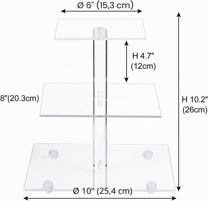 Boxalls Tortenständer mit 3 Ebenen, Gross Quadrat Cupcake-Ständer aus Acryl 25,4 Zentimeter/ 10 Zoll