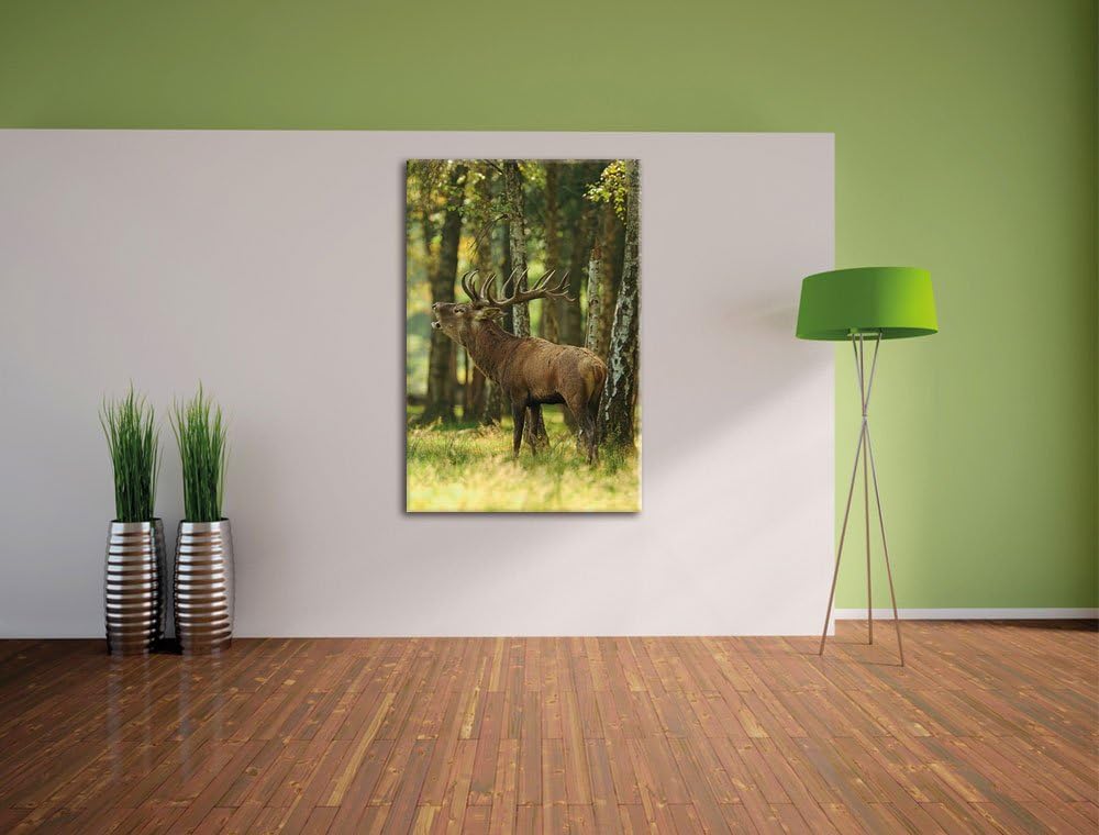 Pixxprint Hirsch im Wald, Format: 100x70 auf Leinwand, XXL riesige Bilder fertig gerahmt mit Keilrah