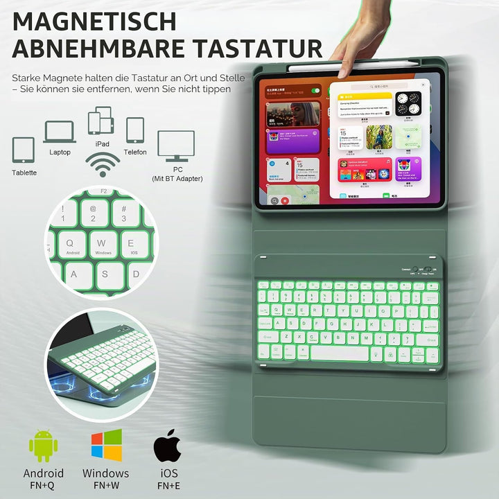 Hülle mit Tastatur für iPad 11 Generation A16/10 Generation (11/10.9 Zoll, 2025/2022), 7-farbige Bel