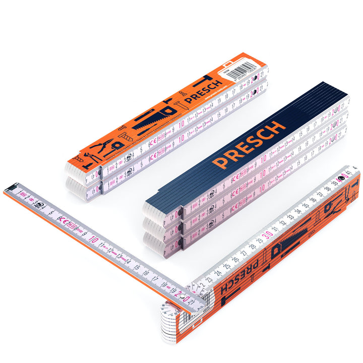 Presch Zollstock Set 2 Meter mit Winkelfunktion | 6 Stk. | Holz | Blau/Orange | Grosse &amp; sehr gut le