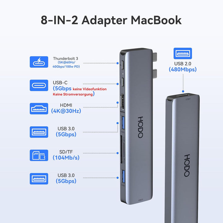 HODO USB C Adapter für MacBook Pro Air, MacBook Hub 8 in 2, MacBook Zubehör mit 4K HDMI,Thunderbolt
