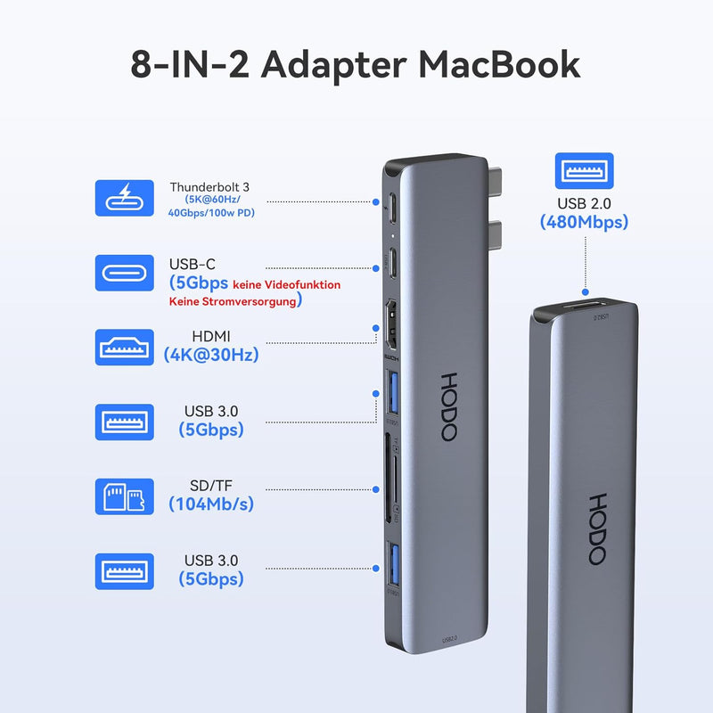 HODO USB C Adapter für MacBook Pro Air, MacBook Hub 8 in 2, MacBook Zubehör mit 4K HDMI,Thunderbolt