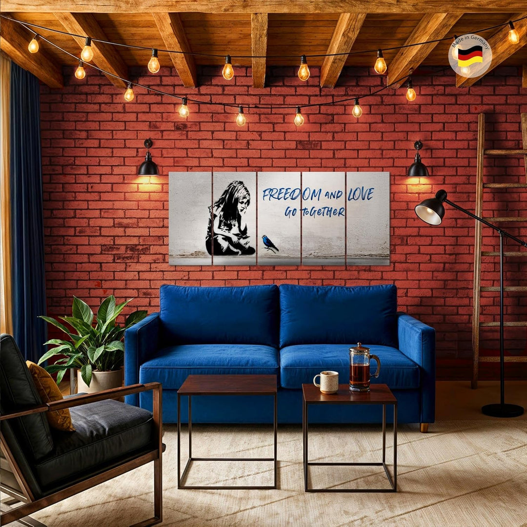 Runa Art Wandbild XXL Banksy Mädchen mit Vogel Loft Wohnzimmer 200 x 80 cm Grau Blau 5 Teilig - Made