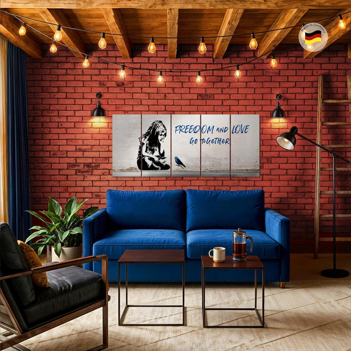 Runa Art Wandbild XXL Banksy Mädchen mit Vogel Loft Wohnzimmer 200 x 80 cm Grau Blau 5 Teilig - Made