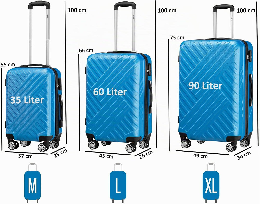 Zelsius Koffer Set 3 Stück, Blau | ABS Hartschalenkoffer mit Zahlenschloss, Doppelrollen und Innen T