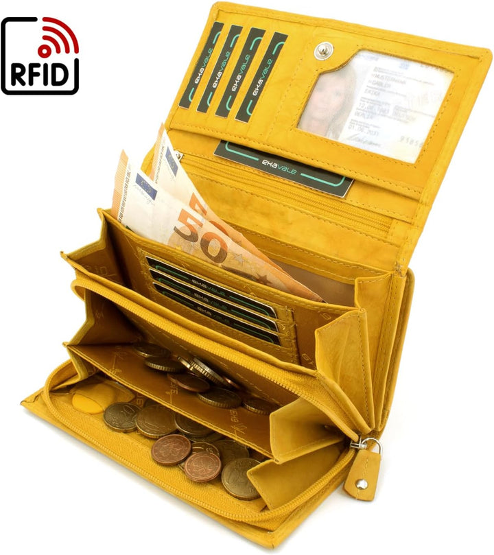 ekavale Damen-geldbörse XXL aus Rindsleder mit RFID Leder-Geldbörse mit vielen Fächern für Frau (Ant