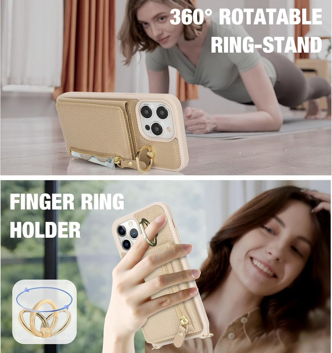 ELTEKER Handyhülle für iPhone 15 Pro Max Hülle mit Band Kartenfach Handykette Ringhalterung Geldbörs