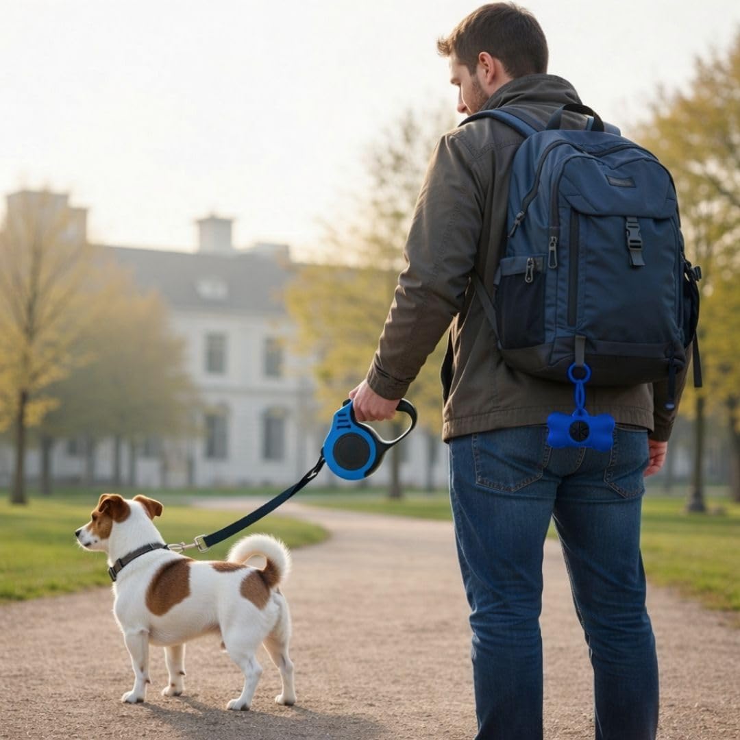 Hundeleine Reiseset 3in1 mit 5 m Rollleine Automatik, faltbarem Napf & Kotbeutelspender – Blau