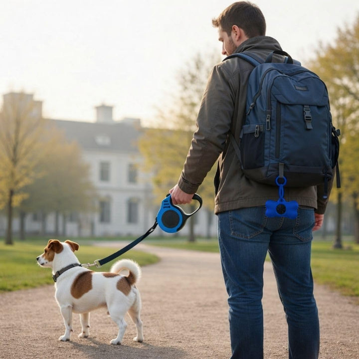 Hundeleine Reiseset 3in1 mit 5 m Rollleine Automatik, faltbarem Napf & Kotbeutelspender – Blau