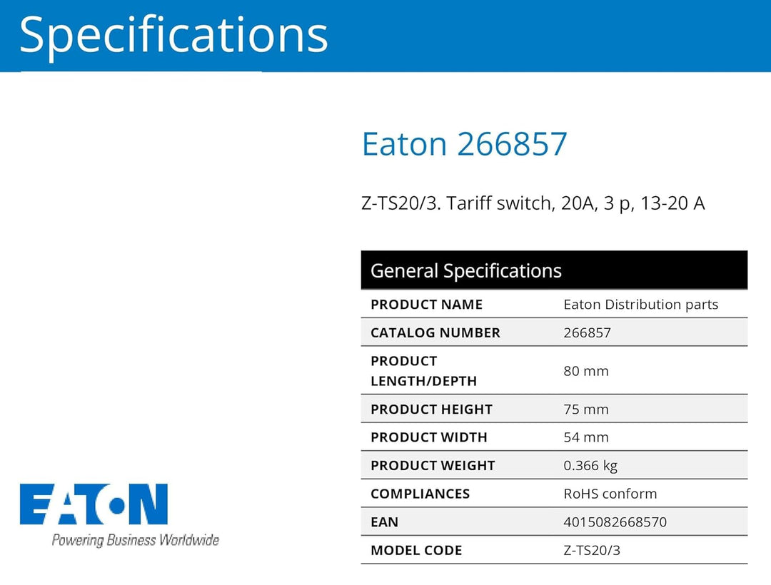 Eaton Z-TS20/3 Tarifschalter 20 A 3-polig 13-20 A Leistungsschalter Motorschutz 266857