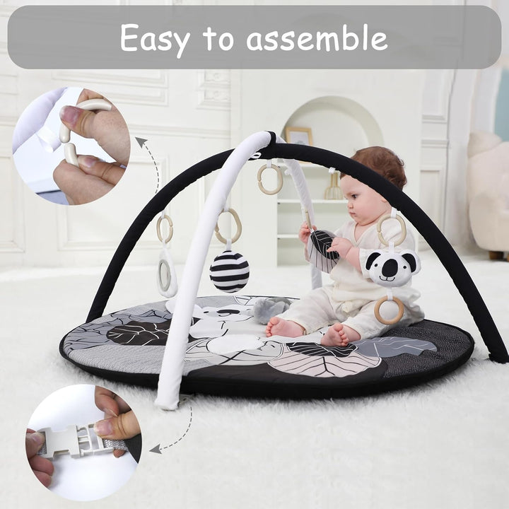4 IN 1 Spielbogen Baby, Schwarz und weiss Spielmatte Babies mit 5 abnehmbaren Spielzeugen zum Greife