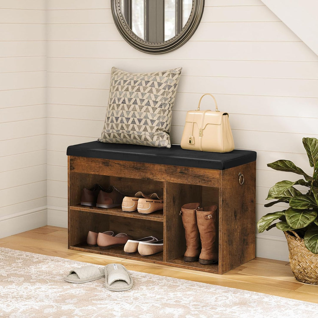 HOOBRO Schuhbank, Sitzbank, 3 offene Fächer, 82 x 31,5 x 46,5 cm, gepolstert, Stauraum unter der Sit