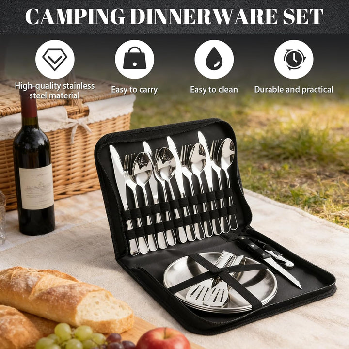 Camping Geschirr Set für 4 Personen, 22 Stück Tragbars Campingbesteck Set, Besteck Camping mit Löffe
