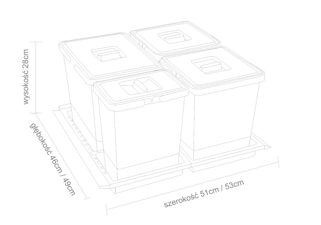 Abfalltrenner Set METROPOLIS, für Schubladen mit Breite 600 mm, Mülleimer 4 Fächer (2x 10L, 1x 15L,