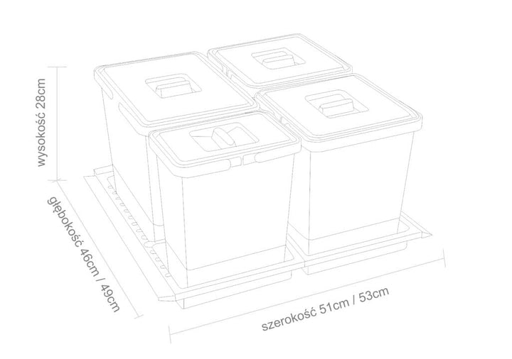Abfalltrenner Set METROPOLIS, für Schubladen mit Breite 600 mm, Mülleimer 4 Fächer (2x 10L, 1x 15L,