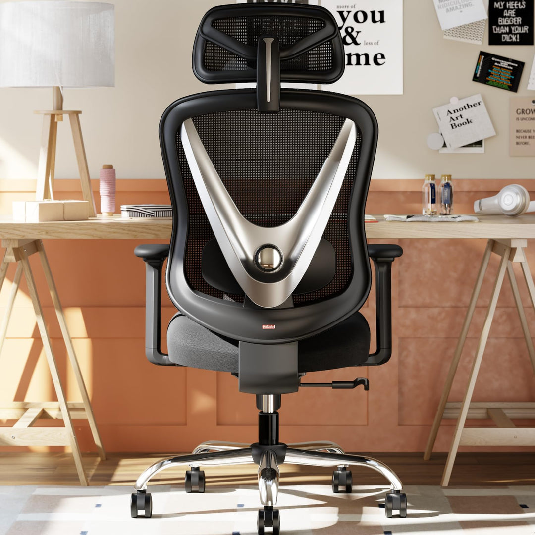 Ergonomischer Bürostuhl mit 3D Lendenstütze & 3D verstellbaren Armlehnen – V-förmiges Rücken-Design,