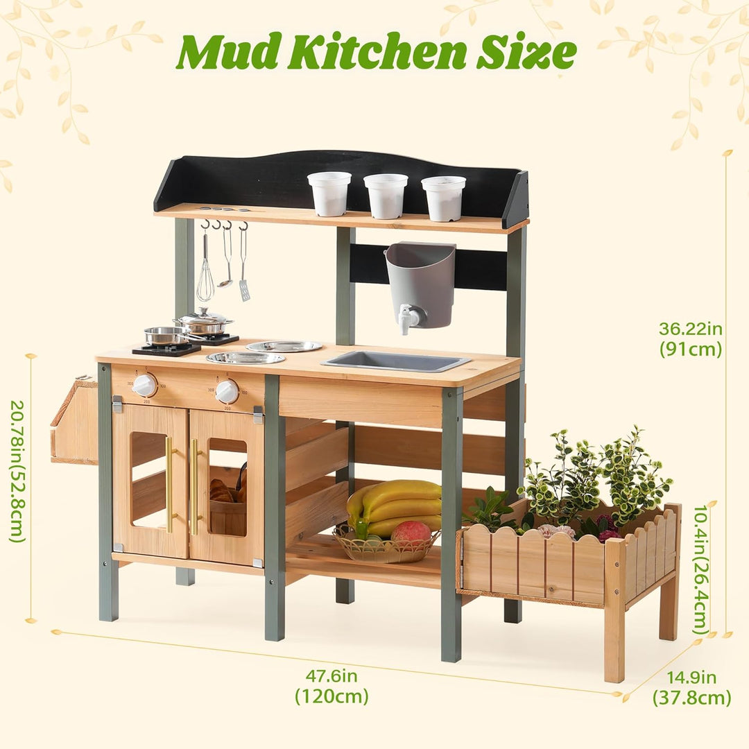 ROBUD Kinder Matschküche Holz, Spielküche mit Echtem Wasserhahn, Pflanzkasten, Insektenkasten, Rolle