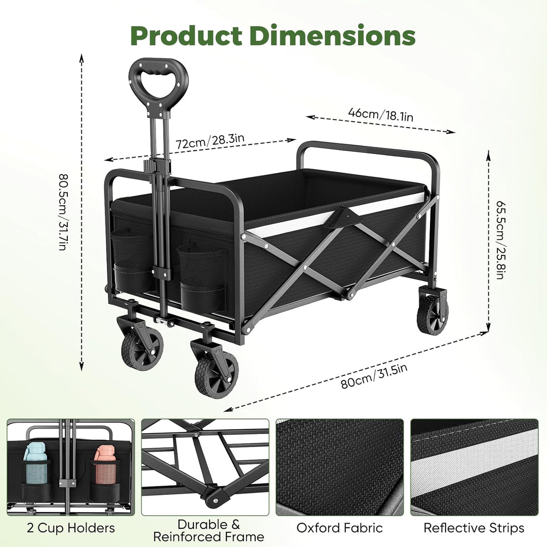 Bollerwagen Faltbar 70L/70KG Tragkraft – mit Bremsen, Handwagen mit Klappbarem Griff & Abnehmbaren R