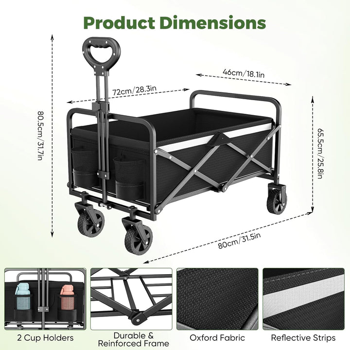 Bollerwagen Faltbar 70L/70KG Tragkraft – mit Bremsen, Handwagen mit Klappbarem Griff & Abnehmbaren R