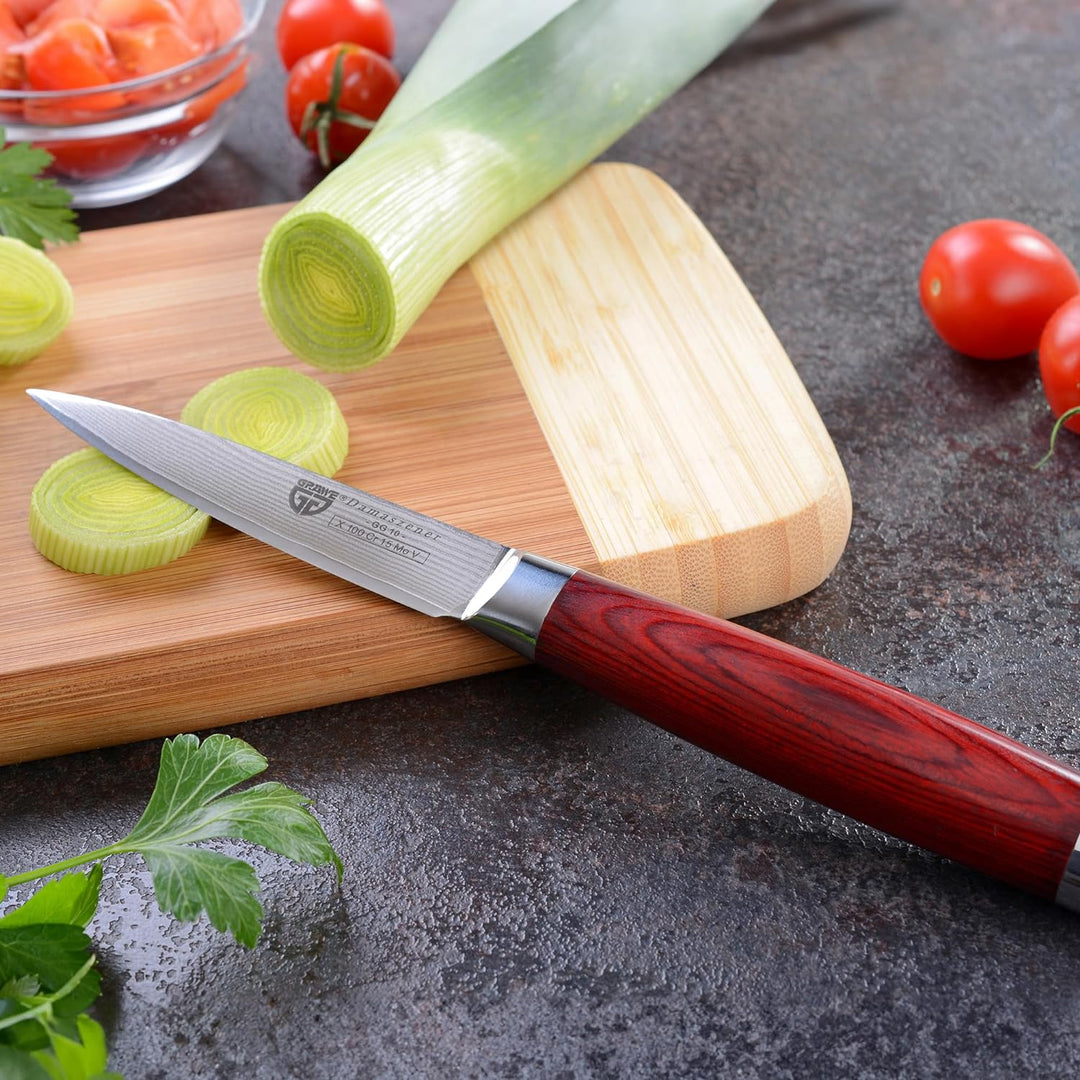 GRÄWE Damaszener Gemüsemesser, 10 cm Klinge, scharf, mit Holzgriff, Damast Küchenmesser in Geschenkb
